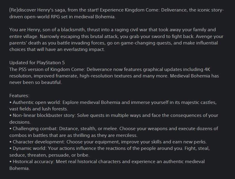 《天国：拯救》PS5强化版或将上线！支持4K高帧率